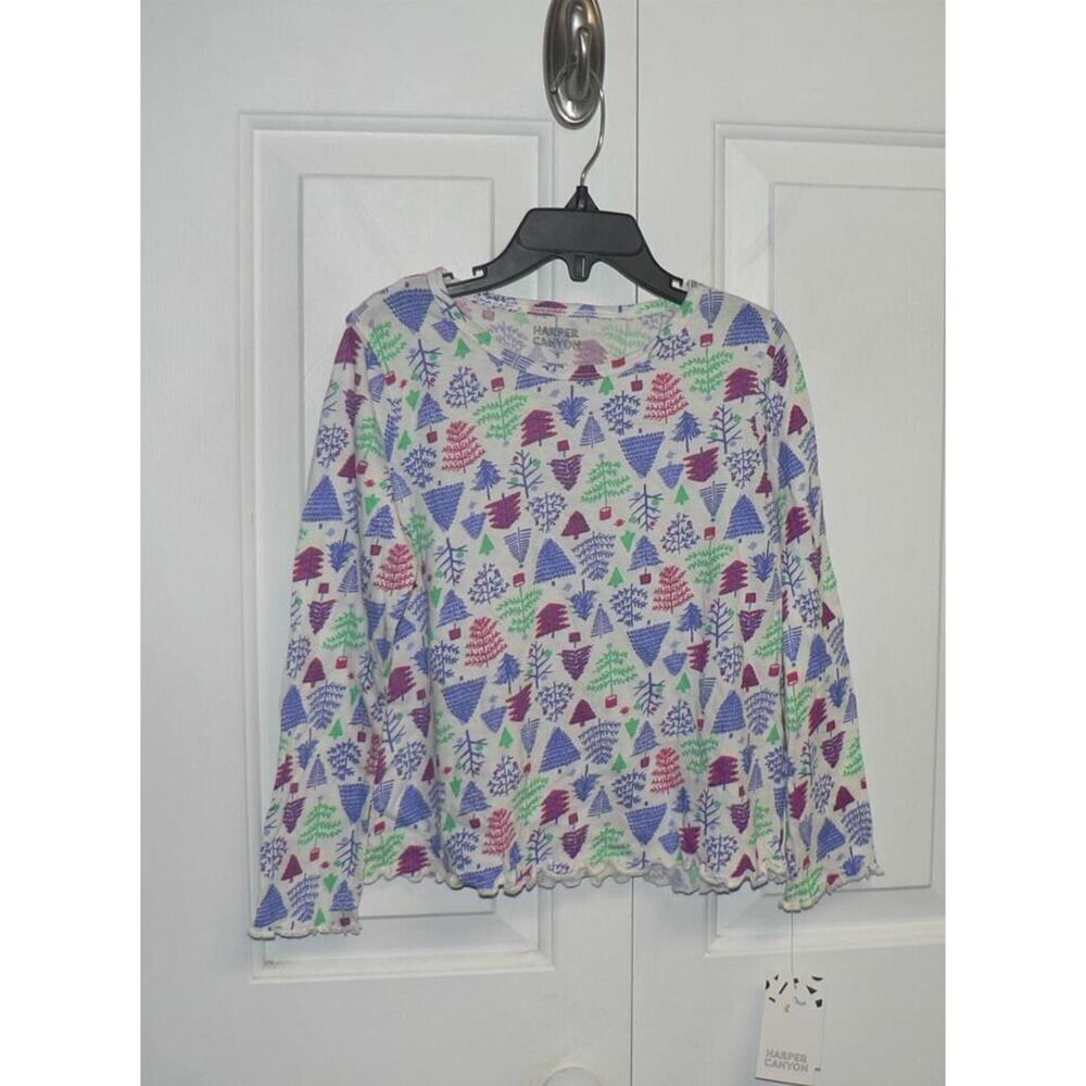 Harper Canyon Girls Lettuce Edge Holiday Egret Holiday Trees Long Sleeve Shirt 5